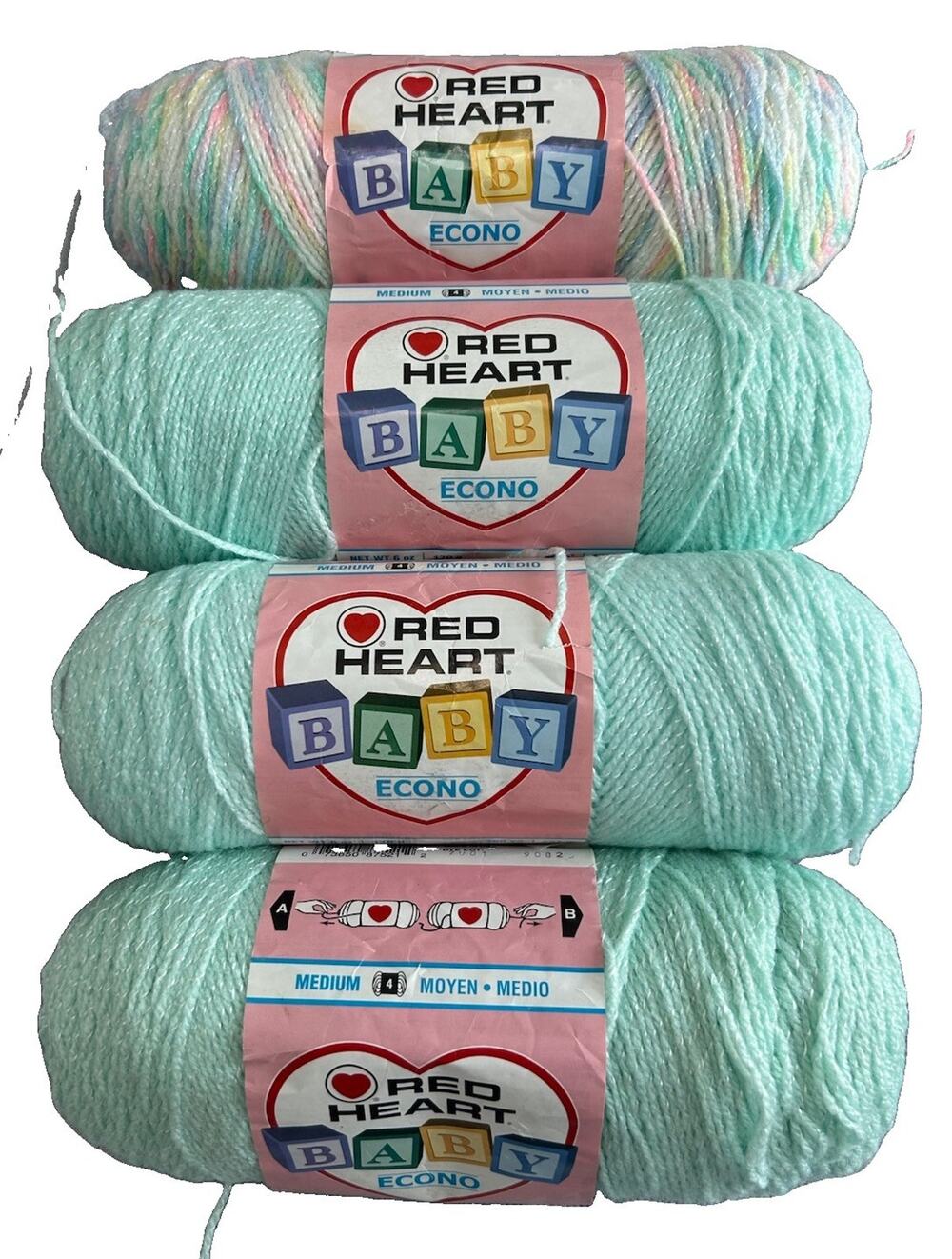 Vtg Lot 4 Skeins Red Heart Baby Econo Pompadour Yarn Pastel Green & Candy Print